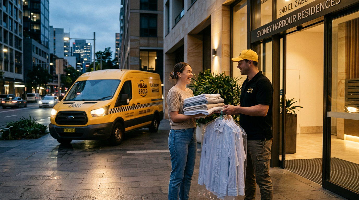Driver handing folded laundry and pressed shirts to a smiling customer outside her apartment